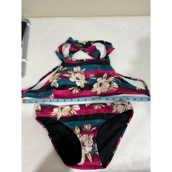 Women's Hula Honey Floral stripe Bikini Set Size S Pink Teal stripe ruffle - Picture 7 of 8